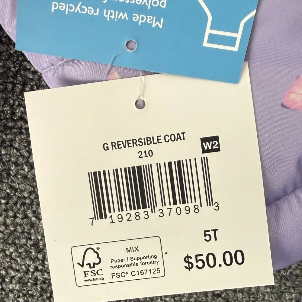 Falls Creek Kids 5T Reversible Puffer Coat Purple Butterfly Sherpa Insulated New